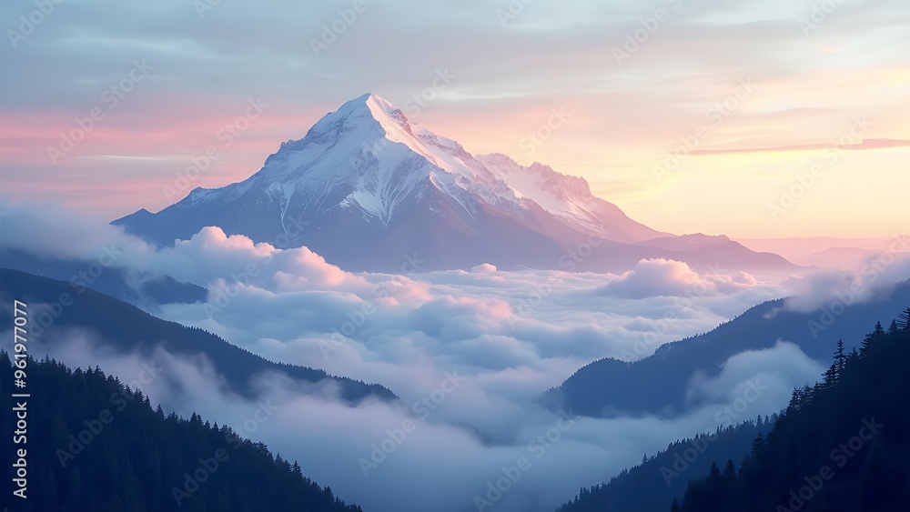 Majestic mountain peak piercing through clouds under a pastel sunrise sky, capturing the serene beauty of nature. Majestic mountain peak piercing through clouds under a pastel sunrise sky, capturing the serene beauty of nature.