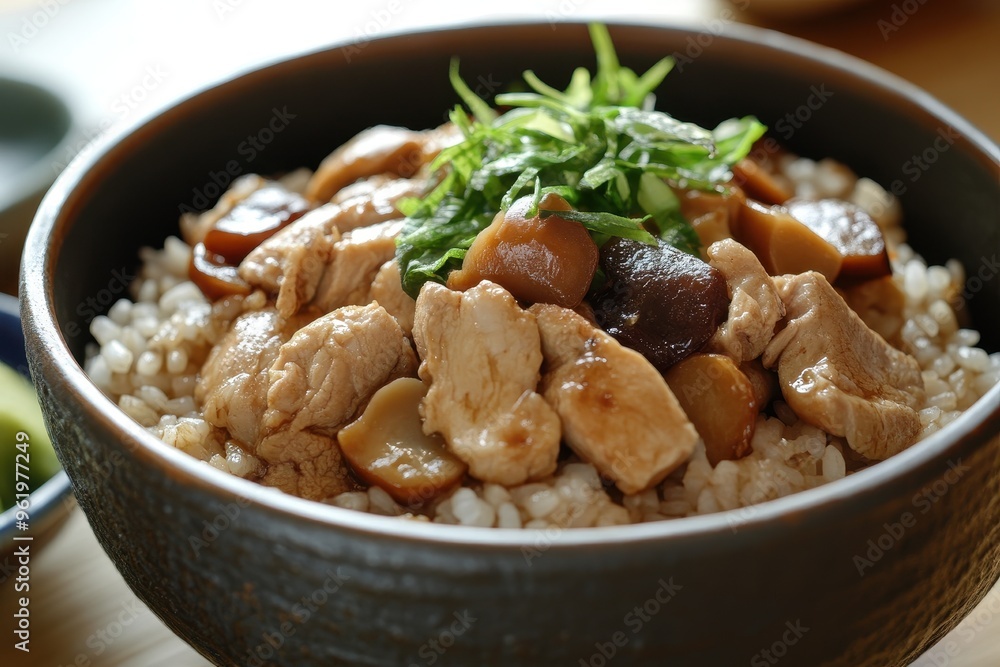 Yummy Japanese chestnut and chicken with shimeji mixed rice also called takikomi gohan Yummy Japanese chestnut and chicken with shimeji mixed rice also called takikomi gohan