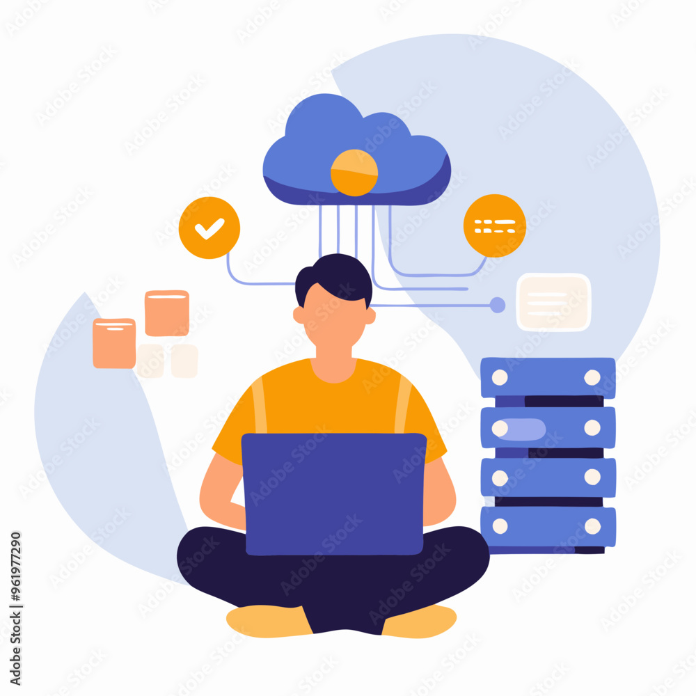 A cloud ingineer working on a laptop . Cloud computing technology A cloud ingineer working on a laptop . Cloud computing technology