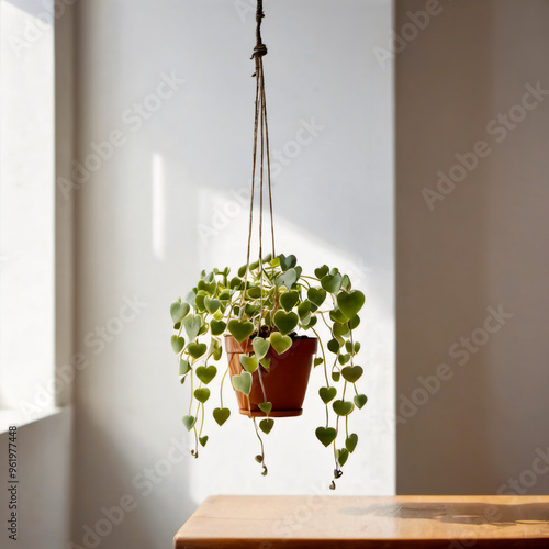 string of hearts plant minimal modern pot living room with floral design indoor Ceropegia woodii in a stylish home interior photo