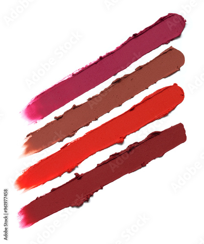 Pink red matte lipstick striped texture composition isolated on white background. Cosmetic product smear smudge swatch