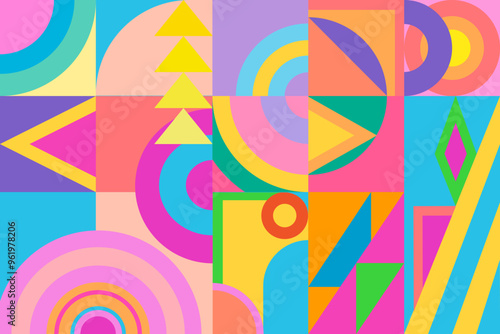 Vibrant abstract geometric patterns comprised of various shapes. The design includes circles, triangles, rectangles, and bright and vibrant colors such as pink, blue, yellow, green, and purple.