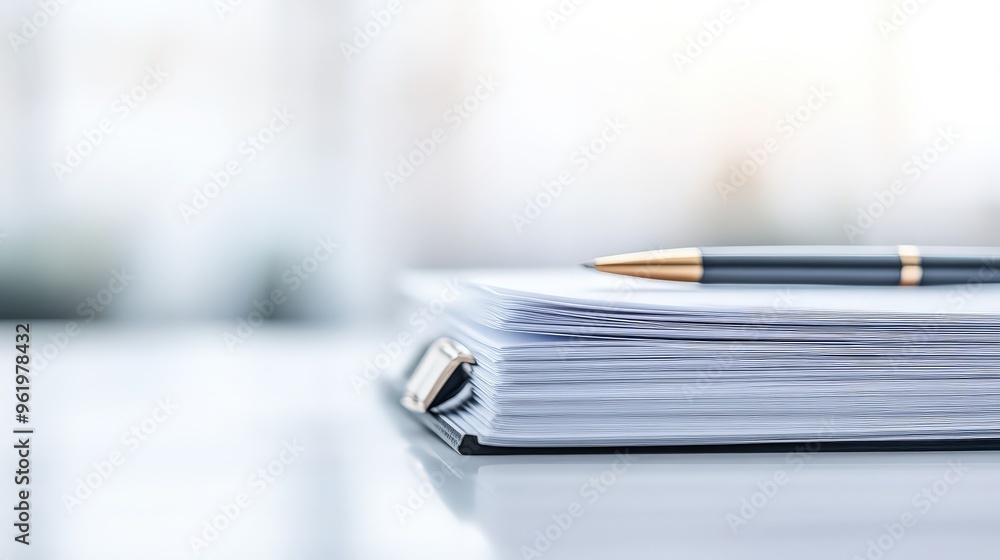 Stack of Papers and Pen on a White Desk. Stack of Papers and Pen on a White Desk.