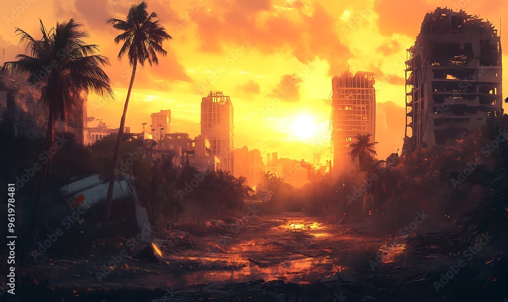Ruins of a City at Sunset, Palm Trees and a Bright Sun Ruins of a City at Sunset, Palm Trees and a Bright Sun