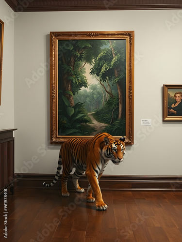 A graceful tiger, a powerful predator in the jungle, appeared from the painting and walked into the room. photo