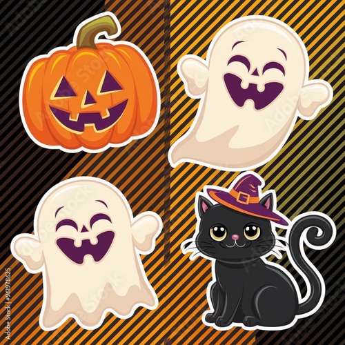 Halloween Cute Element Sticker Collection, A collection of halloween pumpkins including a witch, Flat design halloween element collection, Helloween PNG Pack,Aesthetic Halloween Doodles Cute 