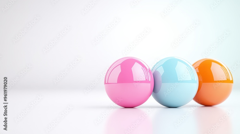 Three Shiny Spheres in Pink, Blue, and Orange. Three Shiny Spheres in Pink, Blue, and Orange.