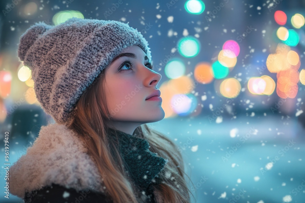 Woman in a Knit Hat Gazing Upward at Falling Snow Woman in a Knit Hat Gazing Upward at Falling Snow
