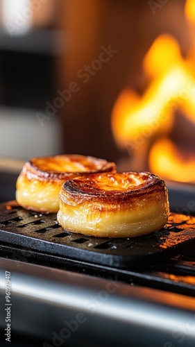 Pastel de nata baking with a golden, crispy crust, showcasing the oven flame that caramelizes the top to perfection. photo