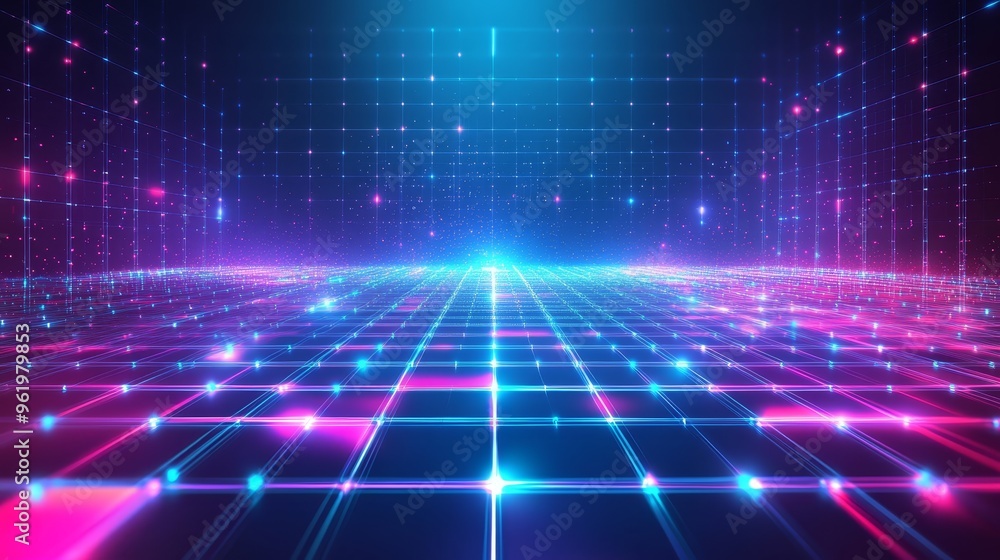Futuristic Neon Grid Background with Glowing Lines and Lights