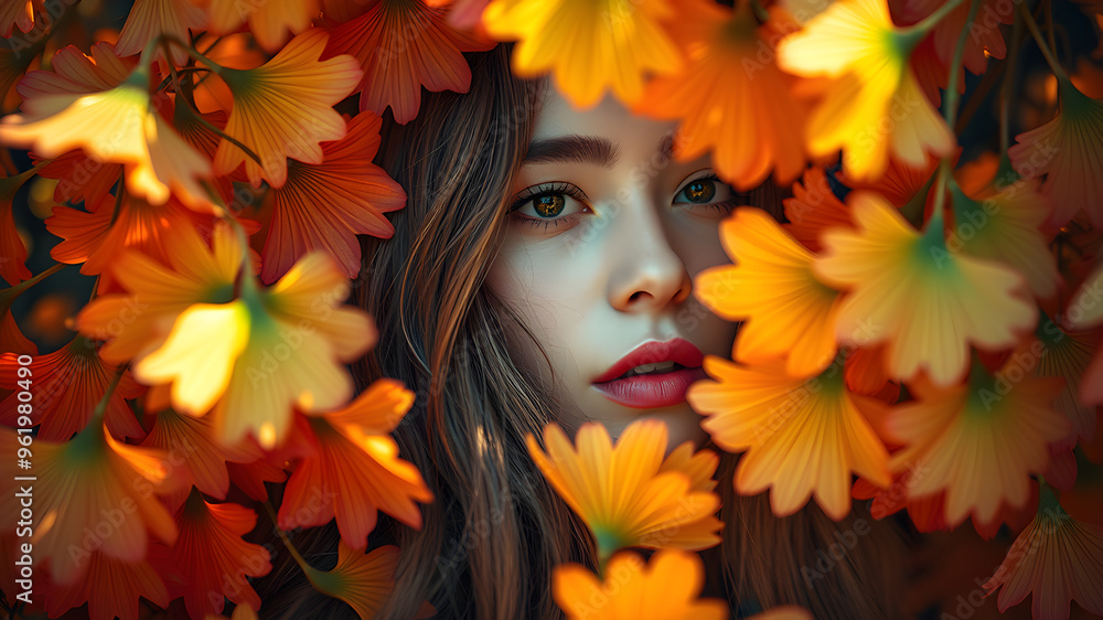 A portrait of a woman with flowing hair amidst autumn leaves, capturing the beauty of the season A portrait of a woman with flowing hair amidst autumn leaves, capturing the beauty of the season