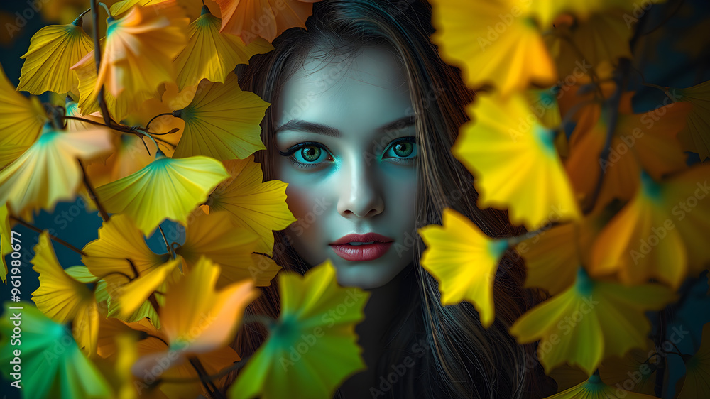 A portrait of a woman with flowing hair amidst autumn leaves, capturing the beauty of the season A portrait of a woman with flowing hair amidst autumn leaves, capturing the beauty of the season