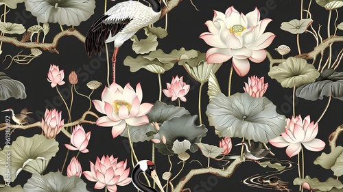 Vintage garden tree, crane bird, lotus flower floral seamless pattern black background. Exotic chinoiserie wallpaper.