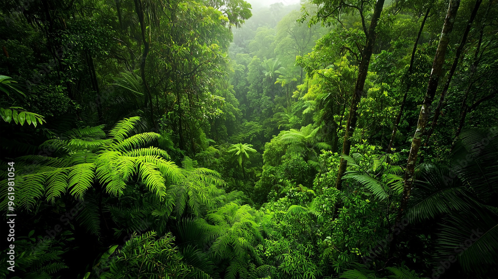 Fototapeta premium A serene and vibrant scene of lush Gondwana rainforests, with towering ferns and dense greenery bathed in soft, natural light.