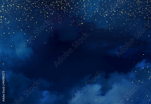 Magic night dark blue frame with sparkling glitter bokeh and light art. Square vector wedding card. Gold confetti and navy background. Golden scattered celestial dust. Fairytale magic star template
