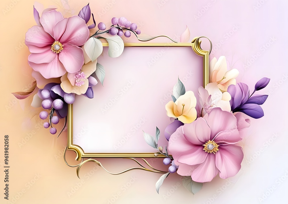 Elegant floral frame with pink and yellow flowers and gold accents. Template for quotes, and greetings cards Elegant floral frame with pink and yellow flowers and gold accents. Template for quotes, and greetings cards