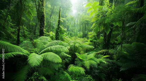 A serene and vibrant scene of lush Gondwana rainforests, with towering ferns and dense greenery bathed in soft, natural light.