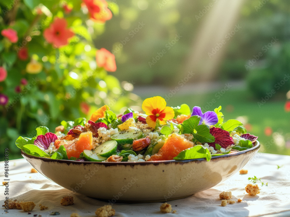 A food photography of delicious summer salad with fruits and vegetables, lunch photo on a sunny day A food photography of delicious summer salad with fruits and vegetables, lunch photo on a sunny day