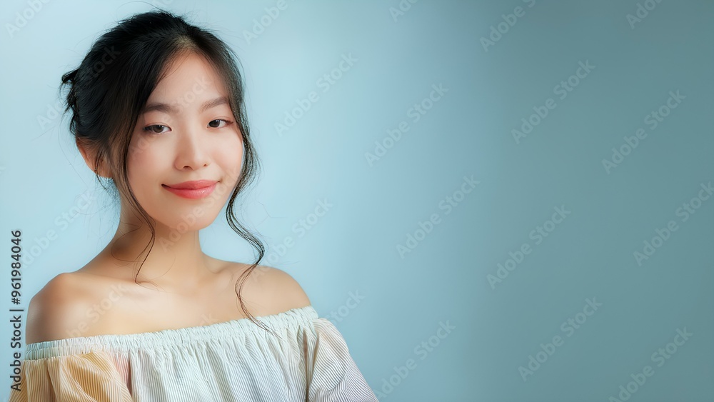 Portrait of beautiful oriental woman on light background. Korean girl, looking at camera, close-up. Model girl posing in front of camera.