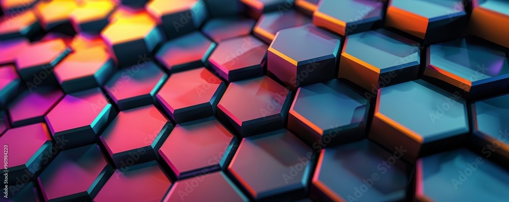 Colorful Abstract Honeycomb Pattern Illuminated with Vibrant Hues, Creating a Mesmerizing Visual Display in a Contemporary Setting Colorful Abstract Honeycomb Pattern Illuminated with Vibrant Hues, Creating a Mesmerizing Visual Display in a Contemporary Setting