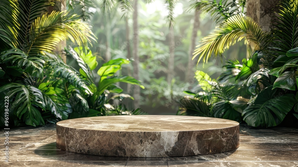 Earthy Stone Display Podium with Abstract Marble Rock Backdrop in Tropical Setting Earthy Stone Display Podium with Abstract Marble Rock Backdrop in Tropical Setting