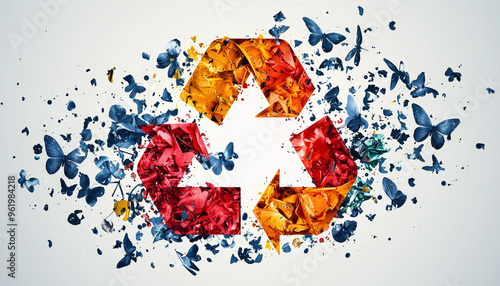 Colorful butterflies surround a vibrant recycling symbol made of crushed glass on a light background