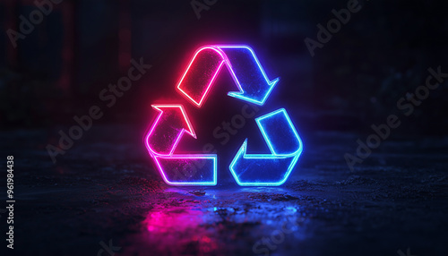 Neon recycling symbol glowing in a dark environment, showcasing the importance of sustainability and eco-friendly practices