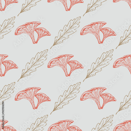 Hand-drawn autumn pattern with chanterelles mushrooms and oak tree leaves on a light gray background in sketch style. Fall seamless background with subtle hand-drawn botanical elements