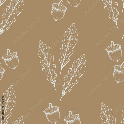 Hand-drawn autumn pattern with oak leaves and acorns on a dark beige background in sketch style. Fall seamless background with subtle hand-drawn botanical elements