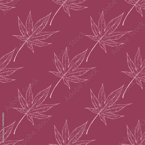 Hand-drawn autumn pattern with Japanese maple leaves on a dark pink background in sketch style. Fall seamless background with subtle hand-drawn botanical elements