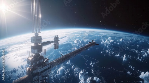 A breathtaking view of a space station orbiting Earth, showcasing the vastness of space and the beauty of our planet.