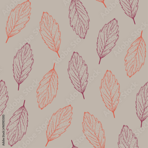 Hand-drawn autumn pattern with dark pink and orange leaves on an earthy shade background in sketch style. Fall seamless background with subtle hand-drawn botanical elements