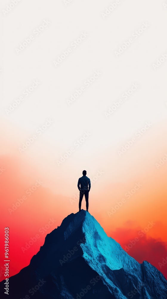 Man Standing on a Mountain Peak at Sunset. Man Standing on a Mountain Peak at Sunset.