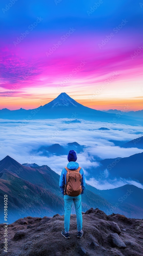 Fototapeta premium Adventurous Hiker Gazing at Majestic Mountain Peak and Sea of Clouds at Sunset.
