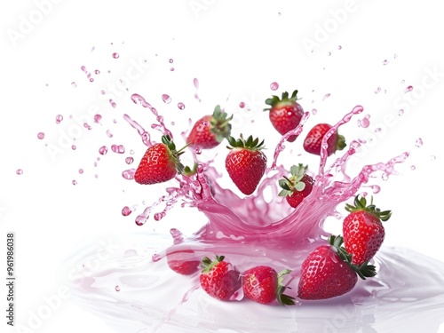 strawberry juice splash with fresh strawberry fruit isolated on white background