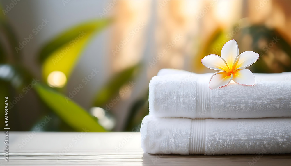 Stack of white towels with a frangipani flower in soft light, symbolizing spa relaxatio_1(813) Stack of white towels with a frangipani flower in soft light, symbolizing spa relaxatio_1(813)