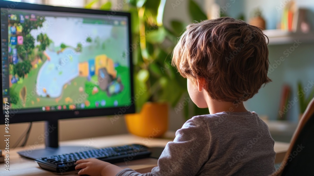 A child sitting at a computer, participating in an online learning game, with educational graphics on the screen A child sitting at a computer, participating in an online learning game, with educational graphics on the screen