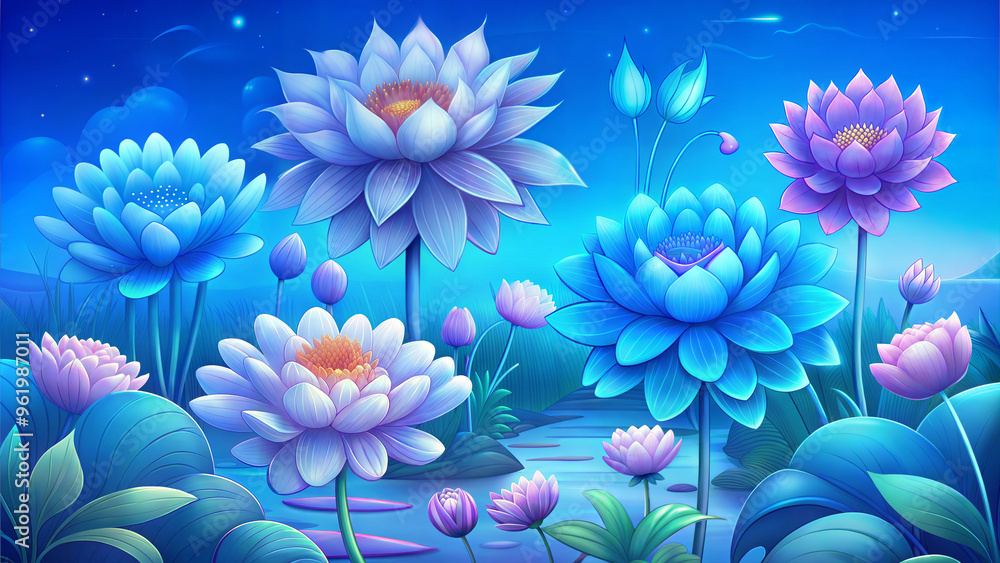 Colorful lotus flowers in a serene aquatic setting with blue tones and a tranquil atmosphere Colorful lotus flowers in a serene aquatic setting with blue tones and a tranquil atmosphere