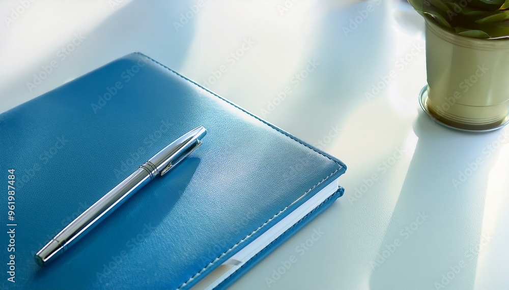 A blue notebook with a pen sits on a white desk with soft light. A blue notebook with a pen sits on a white desk with soft light.