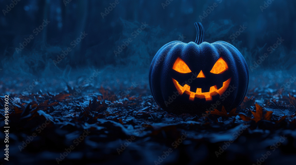 A spooky jack-o'-lantern glowing in a dark forest, surrounded by fallen leaves, perfect for Halloween-themed projects. A spooky jack-o'-lantern glowing in a dark forest, surrounded by fallen leaves, perfect for Halloween-themed projects.