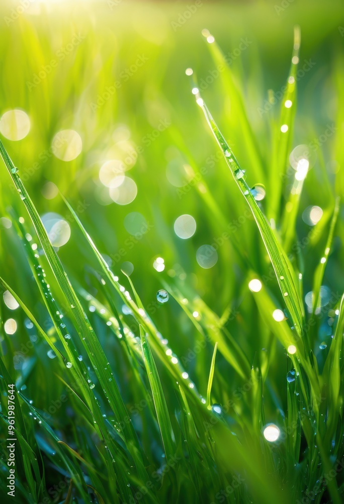 Fototapeta premium vibrant lush green grass landscape adorned glistening dew droplets morning light, nature, fresh, scenery, outdoor, field, texture, beauty, meadow, sunlight