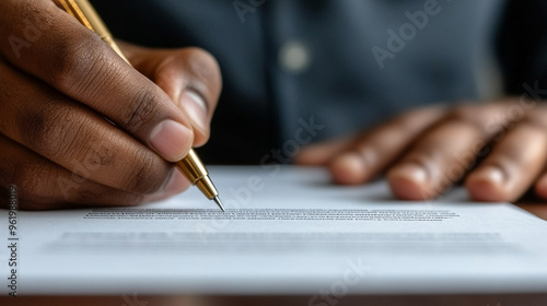 Black man’s hand signing a contract, symbolizing commitment, agreement, and professionalism. Focus on the act of finalizing important documents