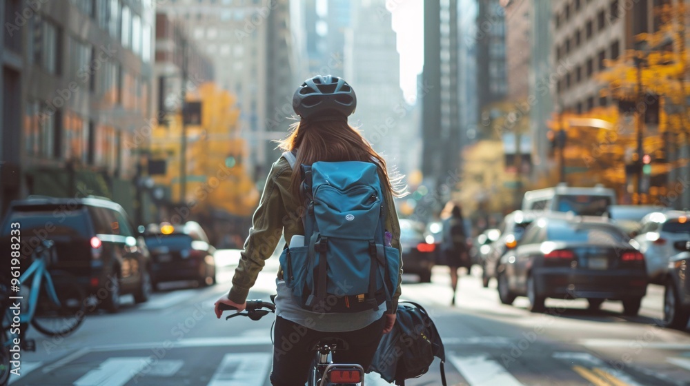 Woman Riding Bike Through City Street Woman Riding Bike Through City Street