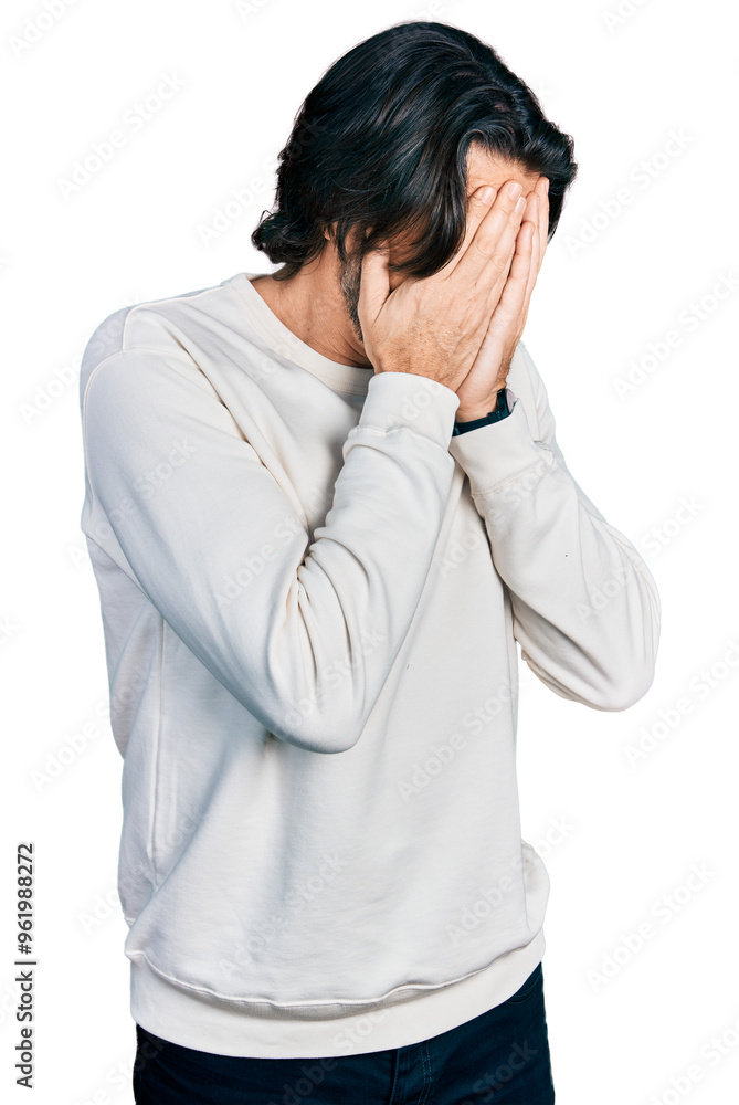 Middle age caucasian man wearing casual clothes with sad expression covering face with hands while crying. depression concept. Middle age caucasian man wearing casual clothes with sad expression covering face with hands while crying. depression concept.