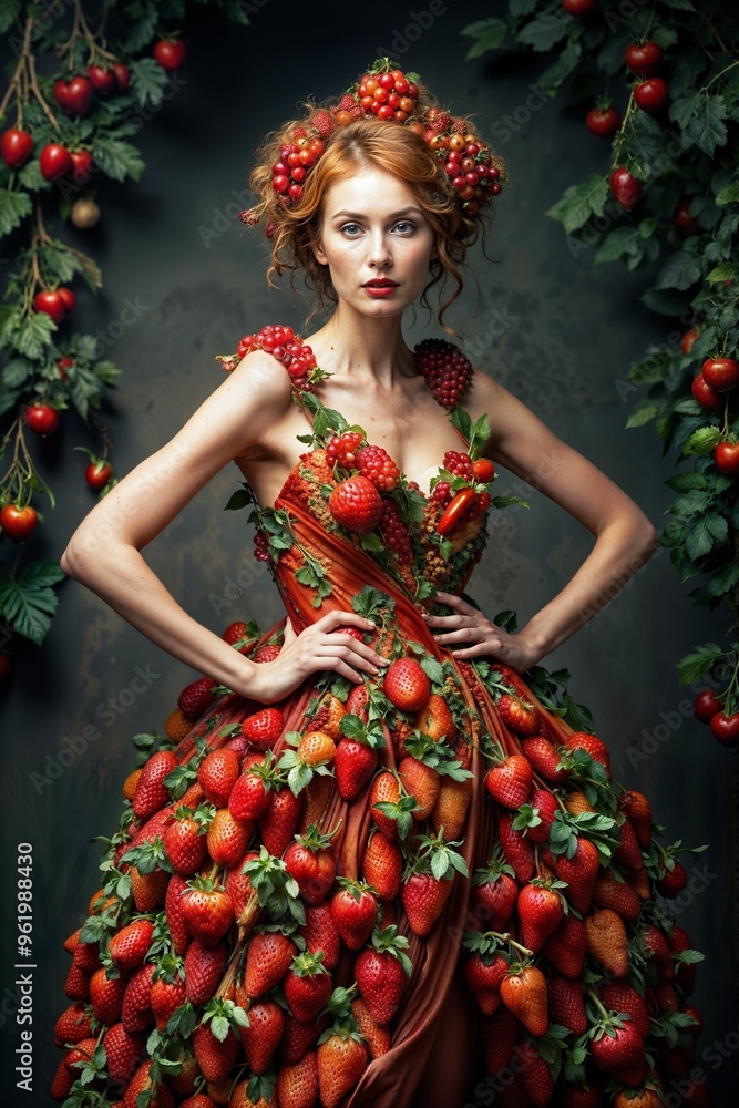 Elegant woman in strawberry gown posing confidently against dark floral backdrop Elegant woman in strawberry gown posing confidently against dark floral backdrop