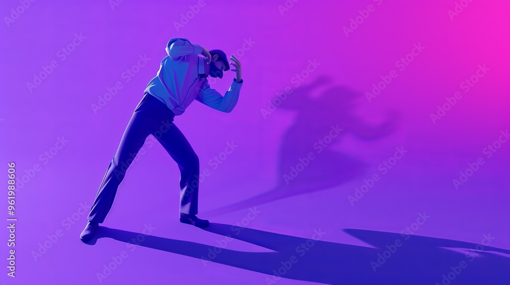 Naklejka premium A stylized 3D rendering of a man in virtual reality, dramatically posed with deep shadows against a purple and pink gradient background. The futuristic scene captures the intensity of immersion in