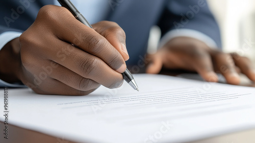 Black man’s hand signing a contract, symbolizing commitment, agreement, and professionalism. Focus on the act of finalizing important documents