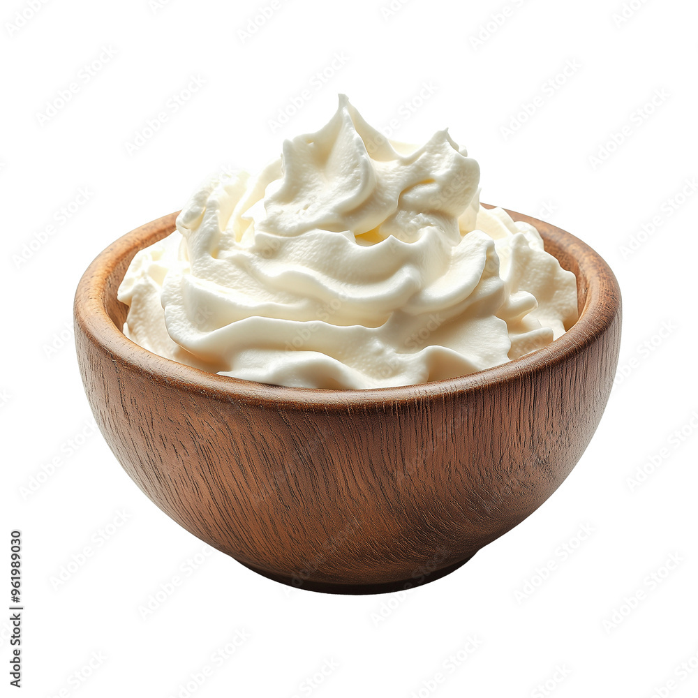 Wooden bowl with sour cream front view isolated on transparent or white background Wooden bowl with sour cream front view isolated on transparent or white background