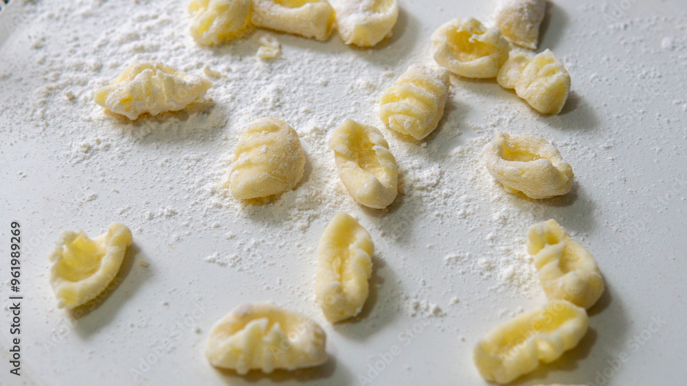 Close view of a few raw homemade gnocchi on top of a white plate Close view of a few raw homemade gnocchi on top of a white plate