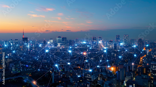 Modern city aerial view and communication network concept. Smart city. Wireless telecommunication